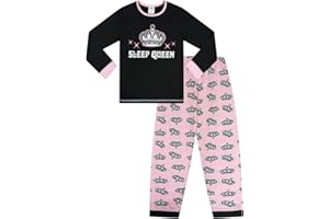 THEPYJAMAFACTORY Pigiama lungo da bambina e ragazza, rosa e nero, con scritta “Sleep Queen”