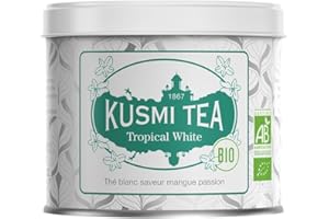 Kusmi Tea - Tropical White - Mélange Biologique de Thé Blanc, Thé Vert à la Mangue et Fruit de la Passion - À Déguster Chaud ou en Thé Glacé - Boîte Thé Métal 90g - Quantité pour environ 50 Tasses