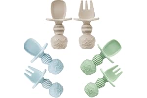 PandaEar 6 Pack Silicon Babylöffel und Gabel Fütterung Set-Gegenkokals Erstes selbstfüttere Utensilien für Baby-LED-Absetzerhäuser im Alter von 3 Monaten (Blaugrüne Bräune)