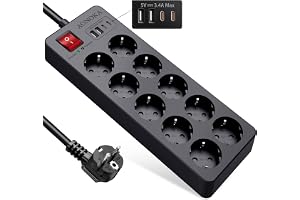 Grenuttag Överspänningsskydd,10-Vägs Flera Uttag Strömlist med USB C