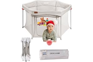 GERCHAM YOBWOK Laufstall Faltbar, Laufgitter für Baby & Kleinkind, Tragbar, Sechseckig, Atmungsaktives Mesh-Netz, Bällebad, Laufgitterzelt 135x135cm,Beige