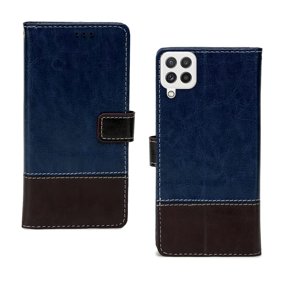 Pinaaki Enterprises Samsung Galaxy A22 4G Flip Case | Premium Leather Finish Flip Cover | with Card Pockets | Wallet Stand |Complete Protection Flip Cover for Samsung Galaxy A22 4G - Blue and Coffee