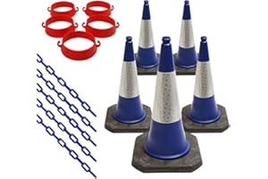 STREET SOLUTIONS UK Set of 5 ​Traffic Cones, Plastic Security Cone Chain Barrier ​and​ Links - ​For​ Road ​and Driveway Safety - ​Use for​ No Parking ​or​ Entry - Red, White ​and​ Reflective​ Design (Blue)