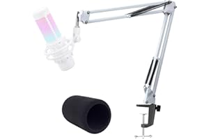 Białe ramię QuadCast: profesjonalne ramię mikrofonu studyjnego z osłoną mikrofonu i piankowym filtrem pop, kompatybilne z mikrofonem HyperX QuadCast S marki YOUSHARES.