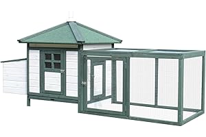 PawHut Gallinero de Madera de Pino Refugio Jaula para Gallinas Pollos Exterior con Caja Nido Bandeja Extraíble y Espacio para Correr 196x76x97 cm Verde y Blanco