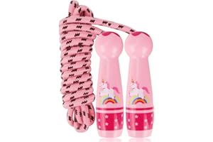 JUNMALLKO Corda per saltare bambini con manico in legno dei cartoni animati, corda per saltare regolabile, unicorno Speed Rope Regali per ragazzi e ragazze, bambini regolabile in cotone per saltare la corda 6 8 10 anni, fitness e boxe