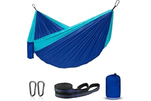 ERUW Hamak kempingowy, przenośny hamak jednoosobowy/podwójny, do wędrówek na świeżym powietrzu, podróży, wędrówek z plecakiem - nylonowy hamak 210D, huśtawka, na podwórko i do ogrodu (niebieski/błękitny)