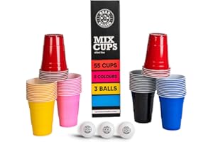 BEER BALLER BEERBALLER® Mix Cups - 5 Couleurs - 55 Beer Pong Beers - 3 Beer Pong Balls | 473ml - 16oz Party Cup | Lave-Vaisselle & Réutilisable | Beer Pong Beer Set | Original American Beerpong Cup