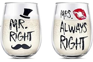 YALUCKY Mr Right e Mrs Always Right bicchieri da vino per coppie, regalo di coppia, regali di nozze per la sposa e lo sposo, regalo di fidanzamento, set di bicchieri da vino senza stelo