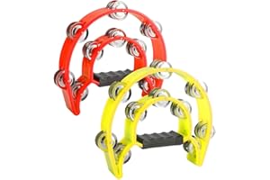GXGM 2 Stück Tamburin,Handtrommel,Schellenkranz mit Handgriff, Musik Schlaginstrument,Zweireihig Schellenring in Halbmond-Form Rahmen,mit Metall Schellen - Rot und Gelb