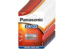 ‎PANASONIC Panasonic CR123 cylindryczna bateria litowa do lekkich urządzeń o dużej mocy, takich jak czujniki dymu, lampy nagłowne (tzw. czołówki), kamery, 3 V, 10 opakowań (10 baterii)