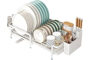 JOUING Escurreplatos Escurridor de Platos Extensible Acero Inoxidable Escurreplatos con Bandeja de Goteo Dish Drying Rack con Cesta para Cubiertos (Blanco)