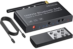 PROZOR Konwerter DAC 192 kHz odbiornik Bluetooth V5.0 Toslink koncentryczny SPDIF wejście optyczne RCA 3,5 mm wyjście z regulacją głośności cyfrowe na analogowy konwerter audio do DVD TV Sky HD Blu-ray PS3 PS4
