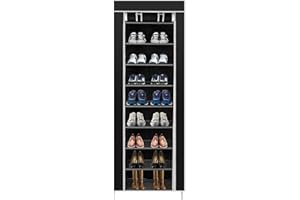 Outvita Rangement Armoire Tissu Meuble à Chaussures, Armoire Étagères à Chaussures avec Housse 9 Couches - 58 x 29 x 160 cm, Noir