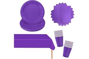 POPOYU 53 Pezzi Stoviglie per Feste di Compleanno Viola, Stoviglie Carta Set, Piatti di Carta Tovaglioli Bicchiere di Carta Stoviglie Tovaglia per Compleanni, Matrimoni, Decorazioni Natalizie