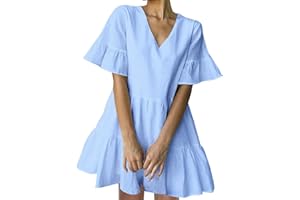 FANCYINN Verano Vestidos Mujer Suelto Manga Corta de Volantes y Dobladillo Casual Mini Vestidos Cóctel