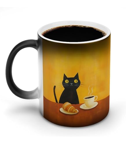 Tazza Termosensibile In Ceramica Con Gatto Nero - 11 OZ, Cambia Colore Con Bevande Calde, Regalo Originale