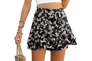 PrinStory Ruffles Shorts For Women High Waist Flowy Shorts Drawstring Skort Casual Summer Skort Wide Leg Culottes