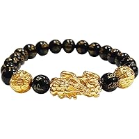 Shubhanjali® Black Onyx Om Mani Pixiu Dragon Bracelet for Men and Women Natural Black Onyx Stone Golden Pi Xiu Charm Round Bead Reiki Healing Crystal Stone Chakra Bracelet for Wealth & Good Luck 8mm