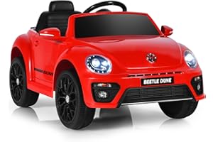 COSTWAY Samochód elektryczny dla dzieci 12 V, VW Beetle z muzyką i 2 trybami oświetlenia, w zestawie pilot zdalnego sterowania 2,4 G, dla dzieci od 3 lat (czerwony), TQ10040DE