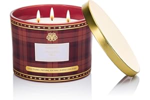‎M&SENSE M&SENSE Świeca zapachowa duża o zapachu herbaty | świeca zapachowa w słoiku z 3 knotami | 330 g naturalna świeca sojowa | czas palenia 65 godzin | wzór w kratkę świeca zapachowa prezent | elegancka