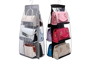 hzpolang 2 Pack Hanging Purse Bag Organisers Hanging Shelves With 6 Easy Access Clear Pockets Dust-Proof Organizer for Purse, Handbag, Towel, Home, Bedroom Wardrobe Closet Storage (Black & Grey)