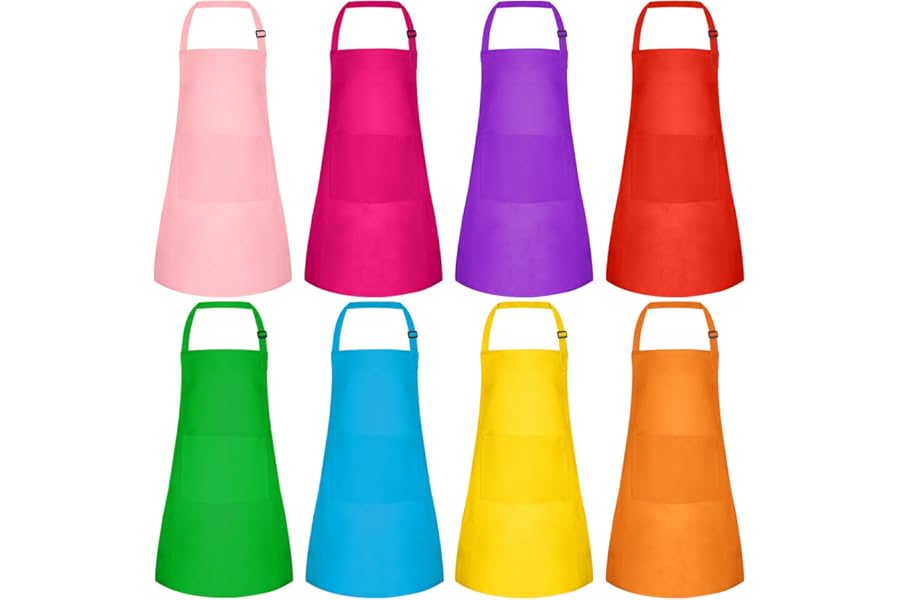 Morcheiong 8/12/24 Pack Adjustable Kids Apron Bulk with 2 Pockets Toddler Apron Kids Painting Aprons for Cooking Baking Paiting Boys Girls