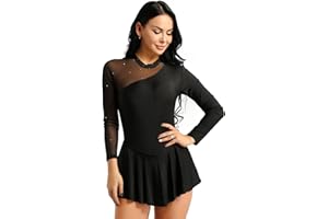 iEFiEL Damen Langarm Ballettkleid Eiskunstlauf Kleid mit Glitzer Kristallen Ballettkleidung Gymnastik Leotard Turnanzug Tanzkostüm