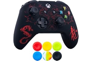 9CDeer 1 x Silicone Gravure Laser Protecteur Couverture Peau + 6 Thumb Grips et Bouchons Anti-Poussière pour Manette Xbox One S/X Loong Rouge