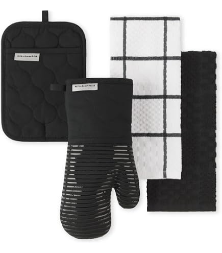 KitchenAid Ofenhandschuh-Set 4-teilig – Vintage-Streifen, 100% Baumwolle, Hitzebeständig, Mit Aufhängeleiste