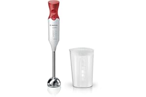 Bosch Frullatore a Immersione MSM64110, 450 W, Impugnatura Ergonomica, Piede in Acciaio Inox, Lama a 4 ali Acciaio Inox, Due Livelli di Velocità, Pratico Bicchiere Graduato Incluso, Bianco, Rosso