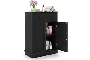 COSTWAY Szafka łazienkowa z szufladą, drzwiami i regulowanym regałem, drewniana komoda do łazienki, salonu, sypialni i kuchni, 56 x 30 x 80 cm (czarna)