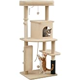PawHut Cat Scratching Tree Height 52 Inches with Platforms Beige | Cat Tree, Tower, Brush Post, Hanging Balls, Scratching Pad