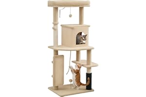 PawHut Albero Tiragraffi Multilivello Alto 132 cm, Palestra per Gatti con Casetta, Lettino per Gatti, Pali Tiragraffi, Piattaforma, Spazzola e Pallina, Dispositivo Antiribaltamento, Beige