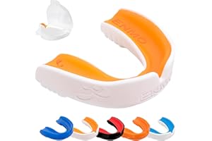 Enmo Maxilla Gel Gum Shield - Adult & Junior 10+ Mouth Guard with Case for Rugby, Boxing, Hockey and Contact Sports - Mouthguard with Boil & Bite, Breathing Channel Tech, Dual Layer - White/Orange