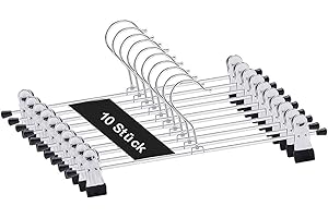 SUPMAKER Trouser Hanger, 10Pack Pant Hangers Space Saving Skirt Hangers with Clips Adjustable Non-Slip Coat Suit Skirt Hangers Heavy Duty Chrome Clothes Hangers Clothes Hook