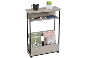 YEAKOO Vintage Narrow Side Table with Storage Shelf, 3 Tier Slim End Table Modern Sofa Table for Narrow and Small Spaces, 24.6 Inch Height Bedside Table Small Nightstand with Magazine Rack Space Saving/Oak