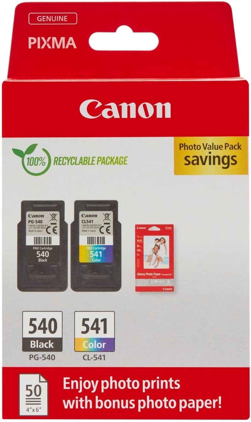 Canon Ink & Paper Multipack - PG-540/CL-541 Genuine Printer Ink Cartridges 2 Pack (1 x Black, 1 x Colour) & 4x6 Photo Paper (50 x Sheets) For PIXMA TS5150, TS5151, MG3650s, MG4250, TS5100