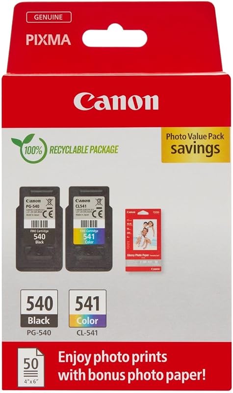 Canon Ink & Paper Multipack - PG-540/CL-541 Genuine Printer Ink Cartridges 2 Pack (1 x Black, 1 x Colour) & 4x6 Photo Paper (50 x Sheets) For PIXMA TS5150, TS5151, MG3650s, MG4250, TS5100