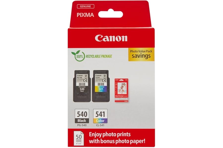 Canon Ink & Paper Multipack - PG-540/CL-541 Genuine Printer Ink Cartridges 2 Pack (1 x Black, 1 x Colour) & 4x6 Photo Paper (50 x Sheets) For PIXMA TS5150, TS5151, MG3650s, MG4250, TS5100