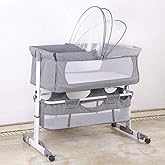 HUOLE Culla Neonato Fianco Letto per Cosleeping - Lettino Neonati con Materasso, Modalità Dondolo, Spondina Apribile, 4 Ruote