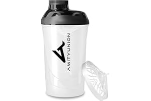AMITYUNION Protein Shaker Protein Shake Deluxe 800 ml - shaker protéiné étanche, sans BPA avec tamis et tartre pour les shakes crémeux de poudre de protéine de lactosérum - tasse de fitness en Blanc Noir