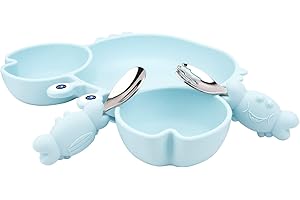 Linowos Assiette à ventouse en silicone pour les tout-petits avec fourchette et cuillère – séparée bol bébé tout-petit, s'adapte la plupart des plateaux de chaises hautes, Bleu Clair, L