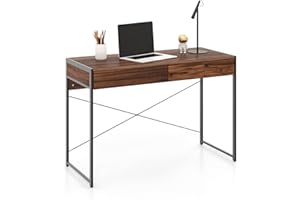 COSTWAY Biurko, biurko komputerowe z 2 szufladami, mały stolik biurowy, metal, wzornictwo przemysłowe, stół do gabinetu, biura domowego, biura, 112 x 48 x 76 cm (brązowy)
