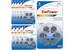 60 Piles Auditives EarPower 675 (Lot de 10 Plaquettes de 6 Piles) / Piles pour Appareils Auditifs/Aides Auditives. 0% Mercure / PR44 - Zinc Air - 1.45V / Taille 675, A675