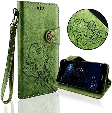 Huawei P10 Lite Case, Fraelc Retro Ultraslim Premium Leatheretter Wallet Bookstyle Flip Case Cover with Magnetic Closure and Kickstand Function for Huawei P10 Lite in Rose Flower Pattern Design - Green