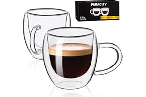 PARACITY Espresso Cups Set of 2 180ml 6OZ, Double Walled Insulated Glass Coffee Mugs, Latte Glasses with Handle, Clear Glass Coffee Cups Travel Camping for Cappuccino/Latte/Tea/Shots