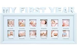 Cadre Photo en Plastique pour Nouveau-né Bébé Mon Première Année Photo Cadre Filles Garçons Memorable Moments avec 12 Images Multi Douche DIY Souvenir Cadeau d'anniversaire/Noël/Naissance