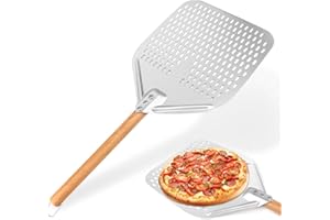 QOUBNIC Pala para Pizza Perforada, 12 Pulgadas Redonda Aluminio con Mango Desmontable para Barbacoa Cocinar Pizzas, Sartén, con Mango de Madera