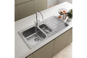 SÄUBER® 970 x 500mm Stainless Steel Kitchen Sink One and Half 1.5 Bowl Inset Drop in Installation, Right Hand Drainer, 18/8 Grade Steel Sinks, Free Basket Strainer Waste